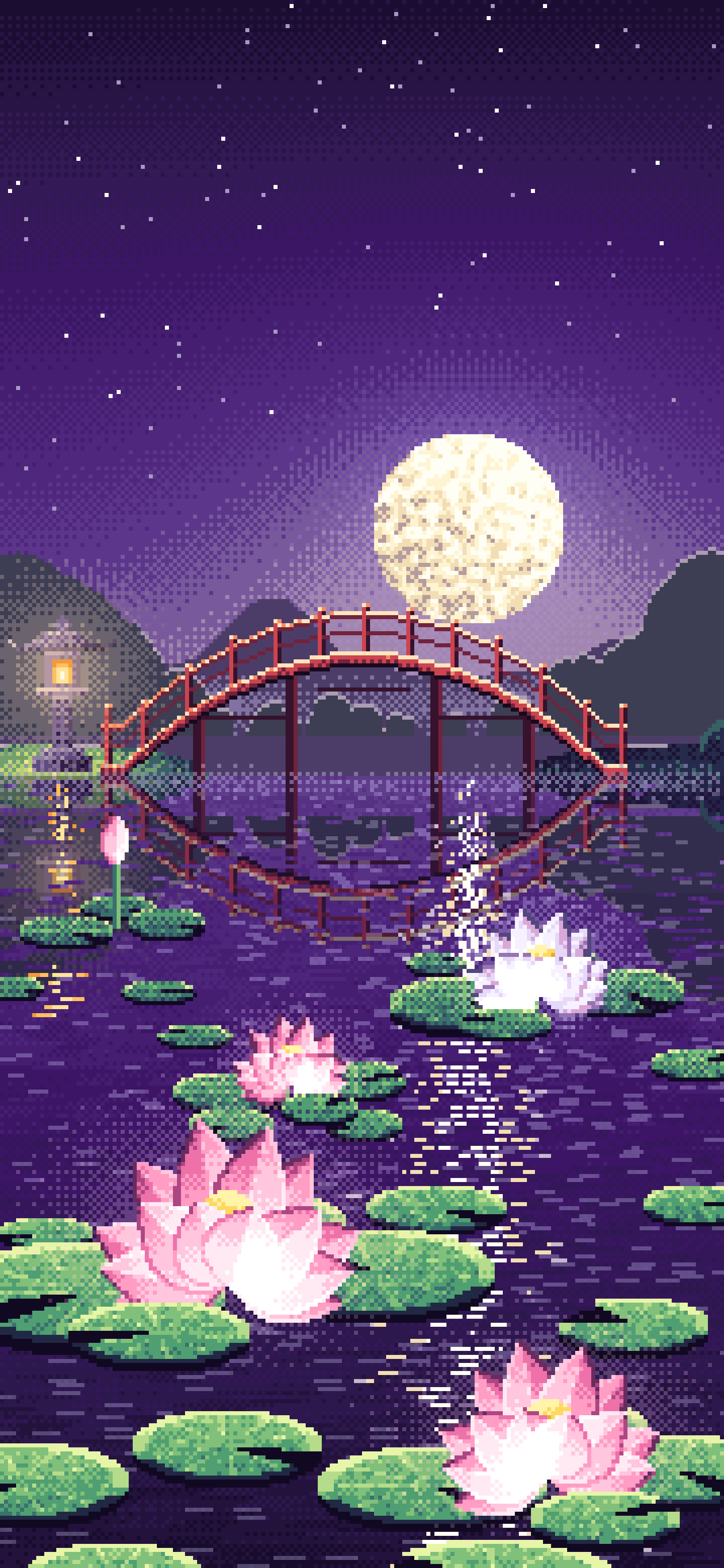 Dark Purple Pixel Art Lotus Pond at Night wallpaper for iPhone and Android