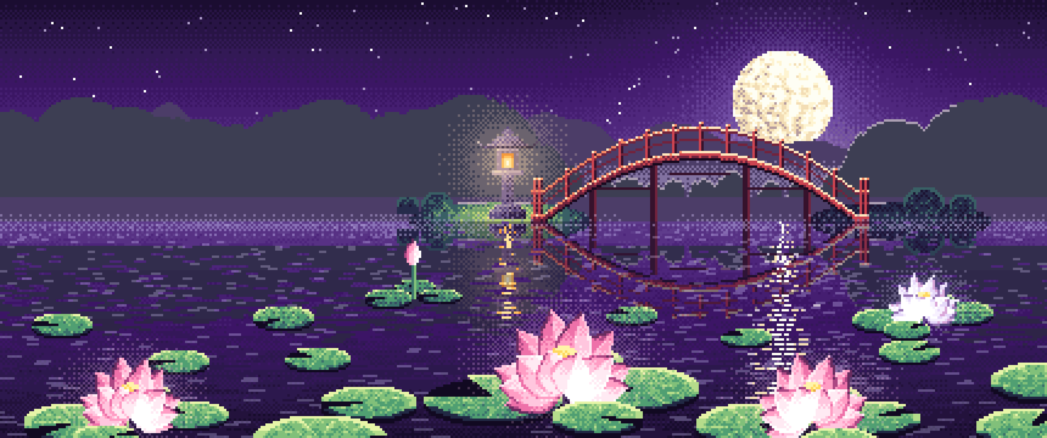 Dark Purple Pixel Art Lotus Pond at Night ultrawide wallpaper, 3440 × 1440