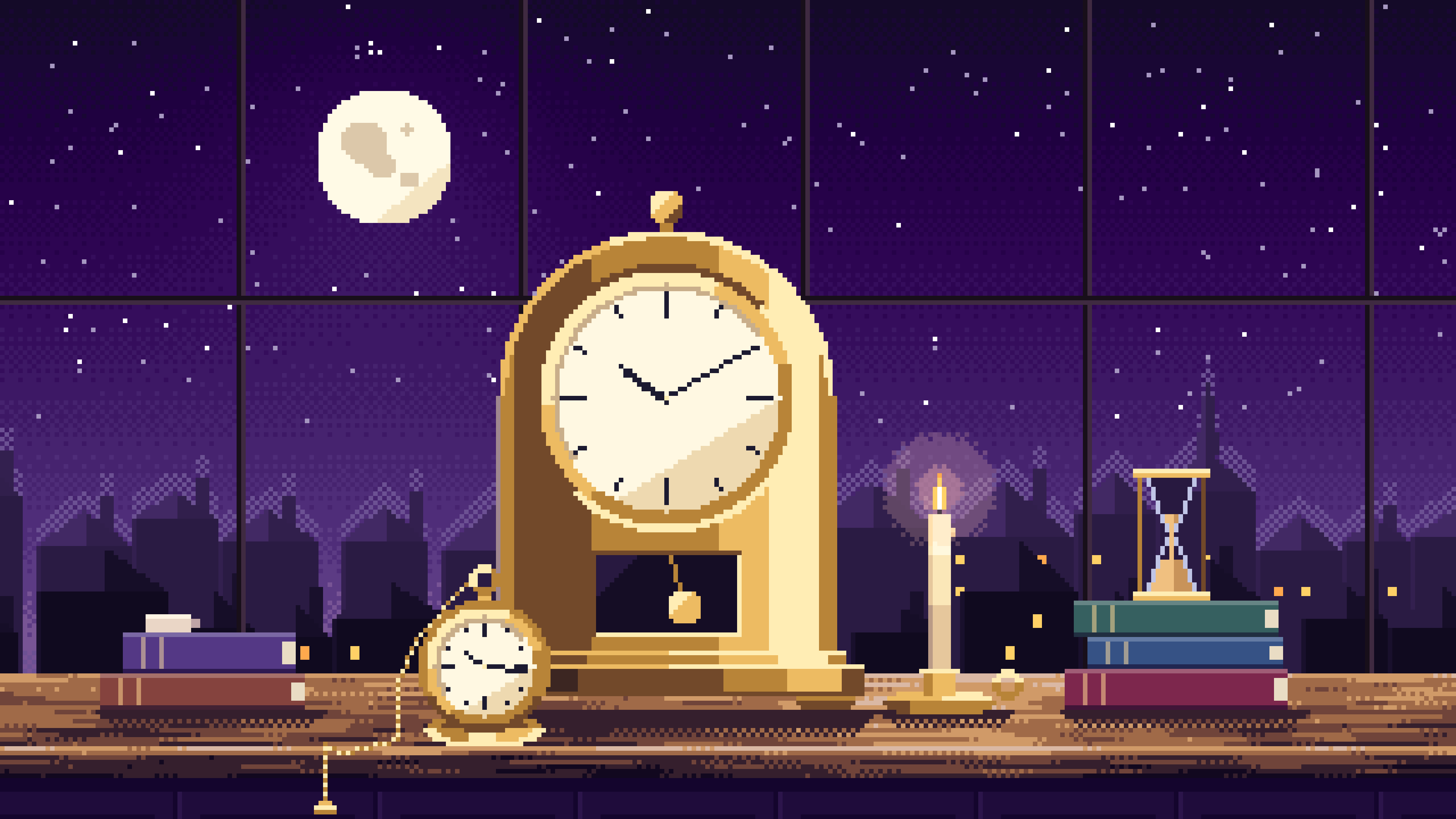 Dark Purple Pixel Art Mantel Clock on a Windowsill desktop wallpaper in 4K