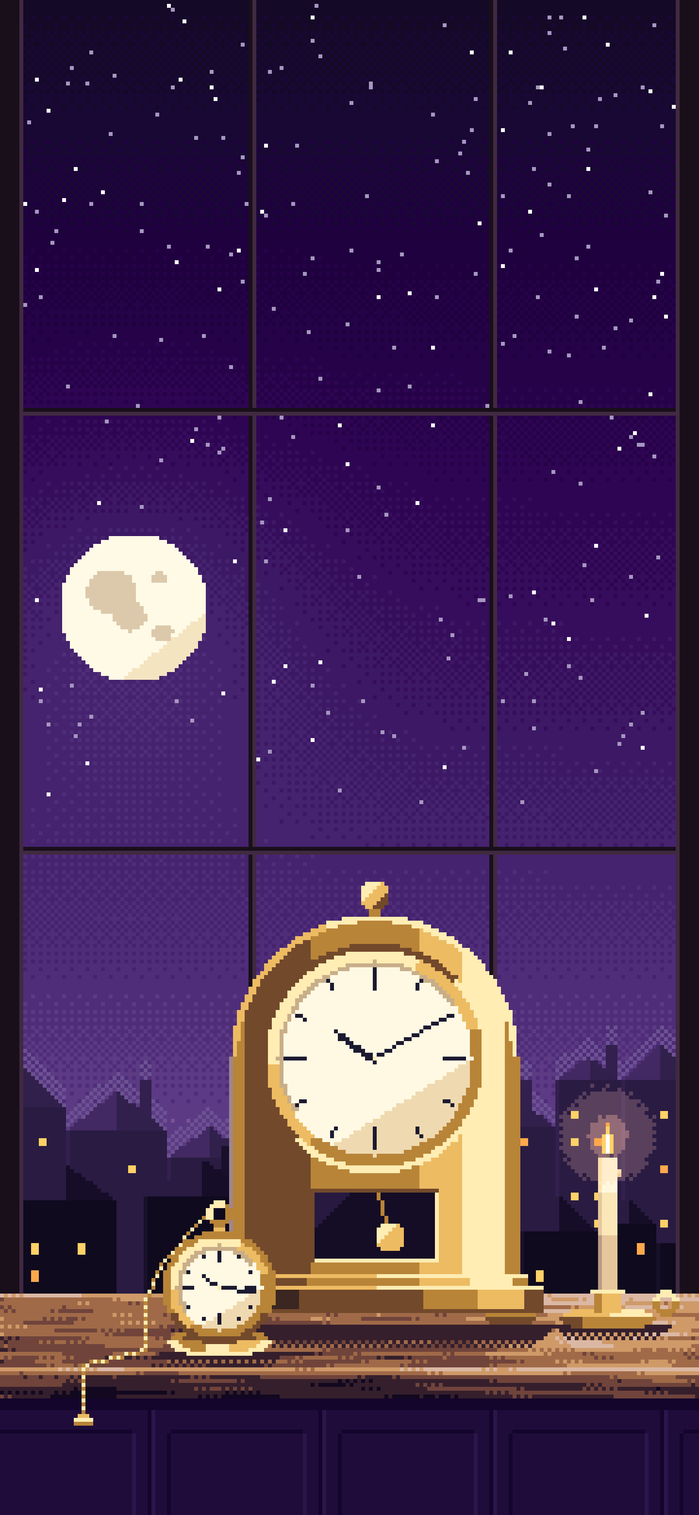 Dark Purple Pixel Art Mantel Clock on a Windowsill wallpaper for iPhone and Android