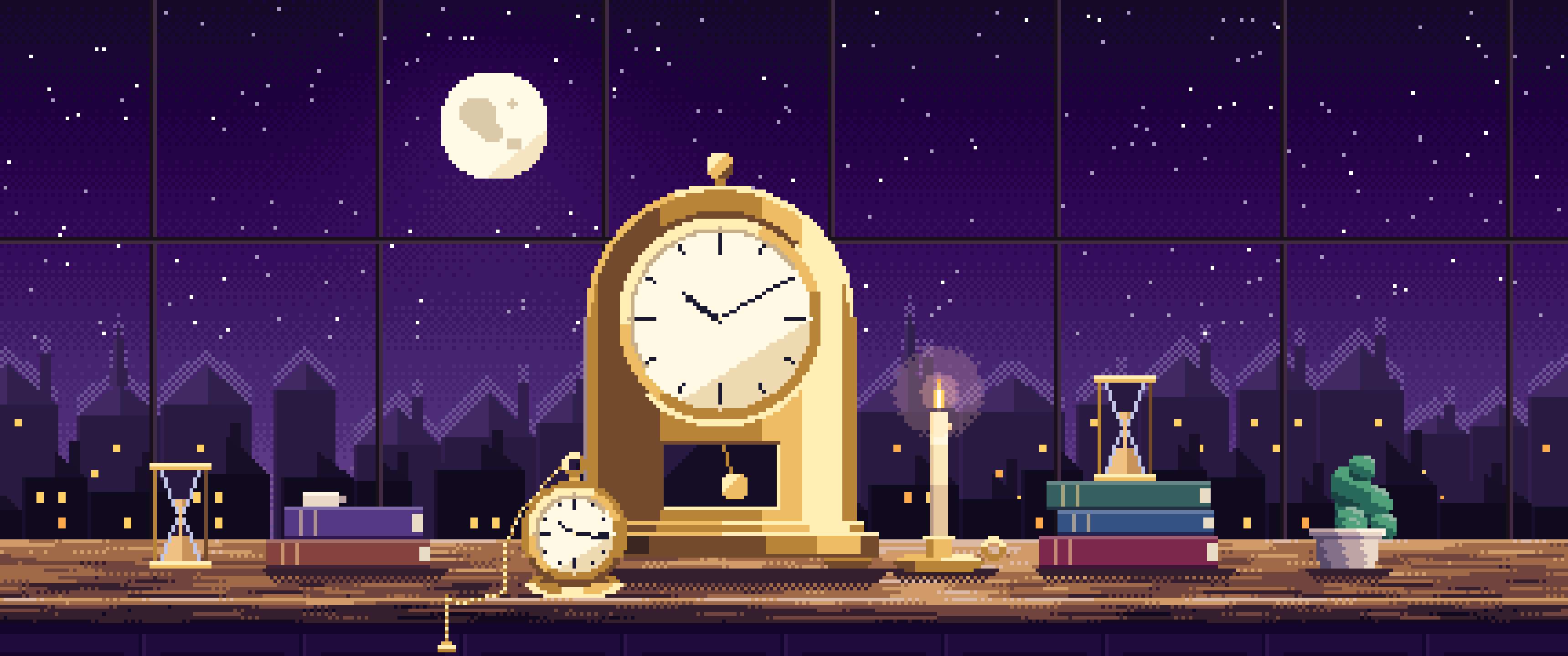 Dark Purple Pixel Art Mantel Clock on a Windowsill ultrawide wallpaper, 3440 × 1440