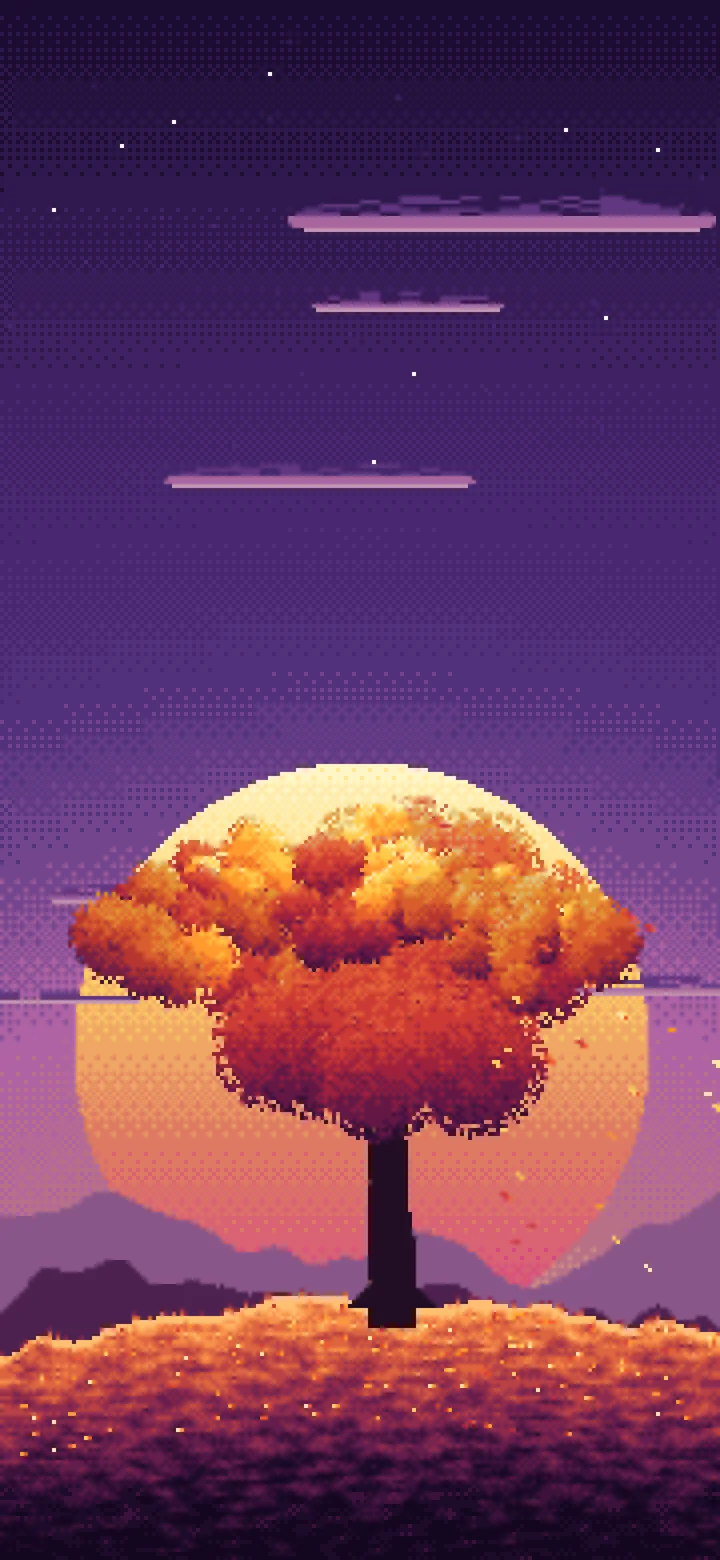 Dark Purple Pixel Art Maple Tree at Sunset wallpaper for iPhone and Android