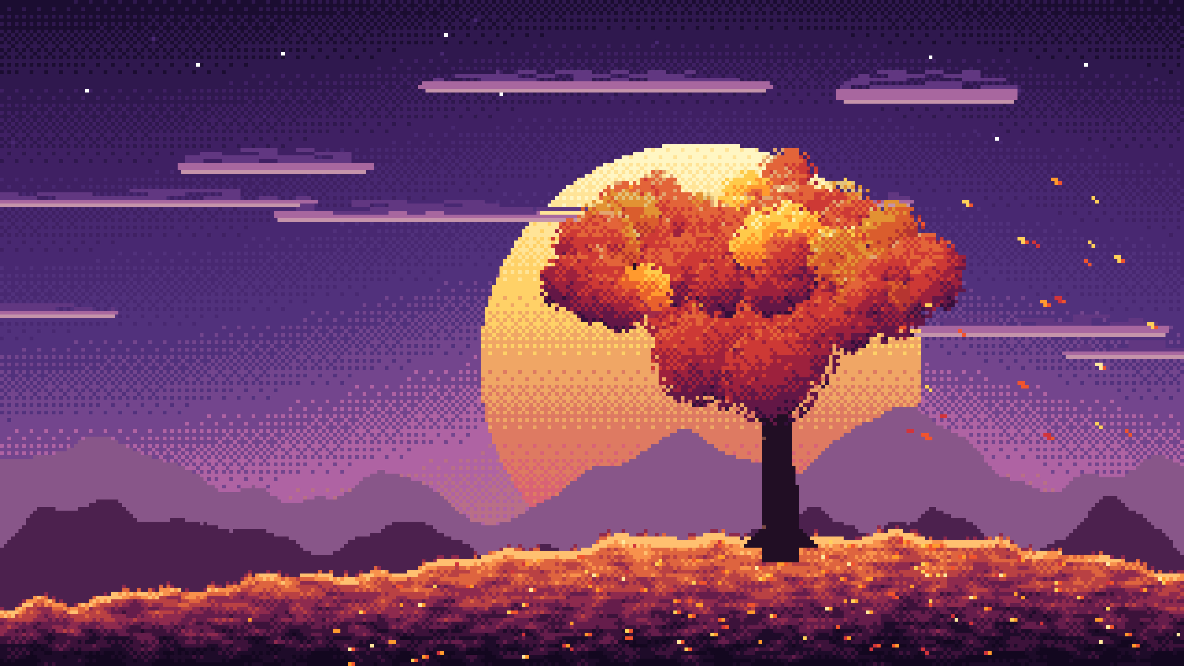 Dark Purple Pixel Art Maple Tree at Sunset desktop wallpaper in 4K
