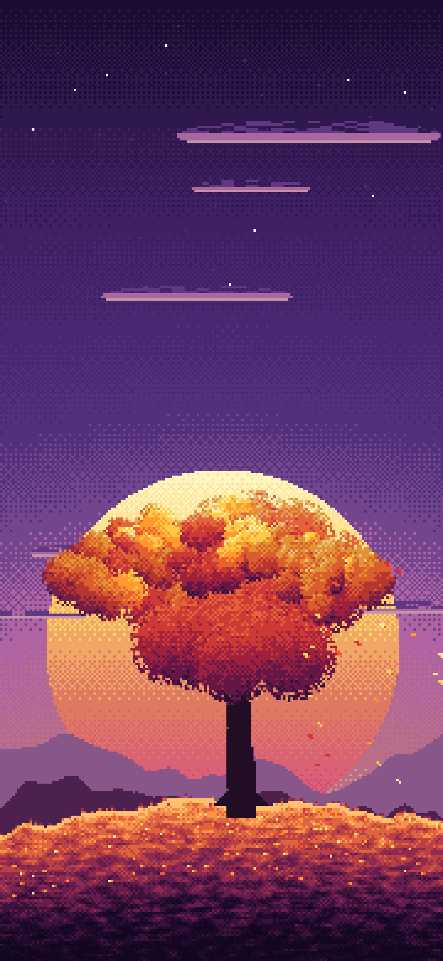 Dark Purple Pixel Art Maple Tree at Sunset wallpaper for iPhone and Android