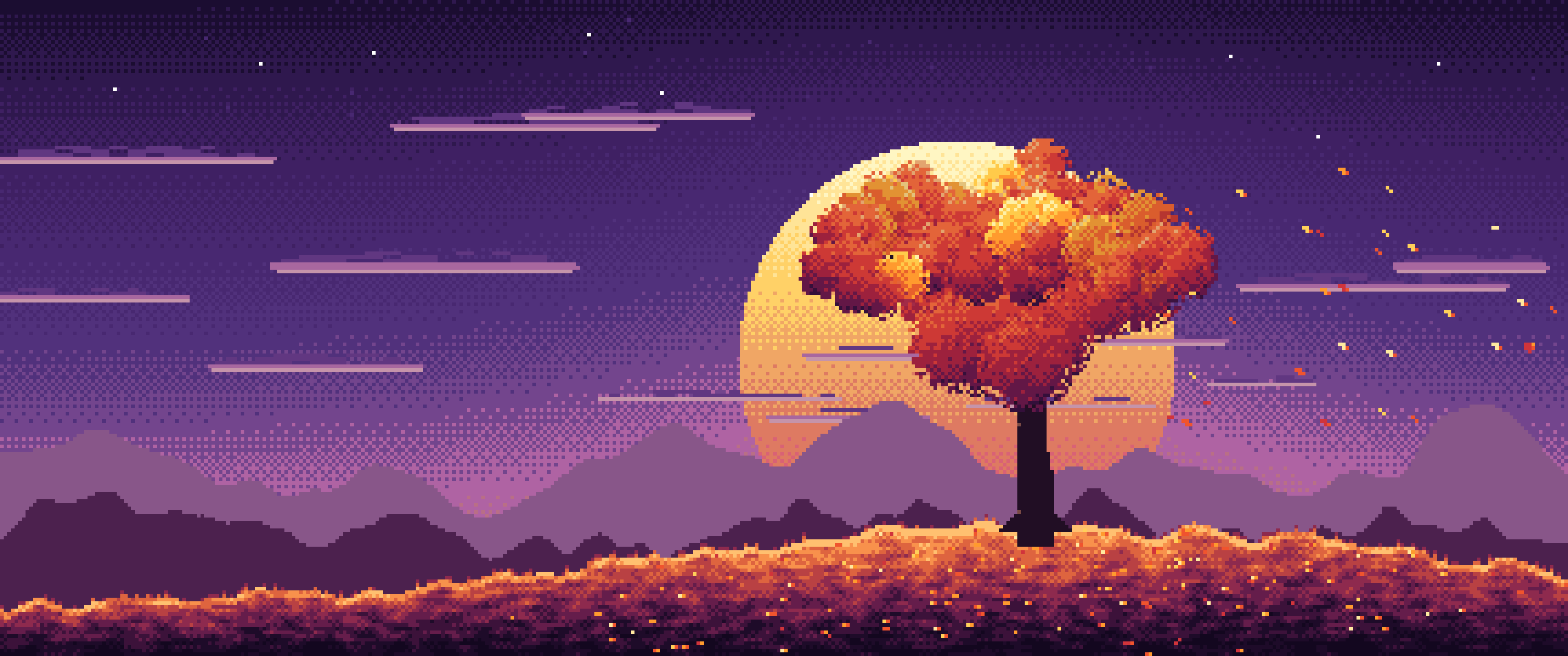 Dark Purple Pixel Art Maple Tree at Sunset ultrawide wallpaper, 3440 × 1440