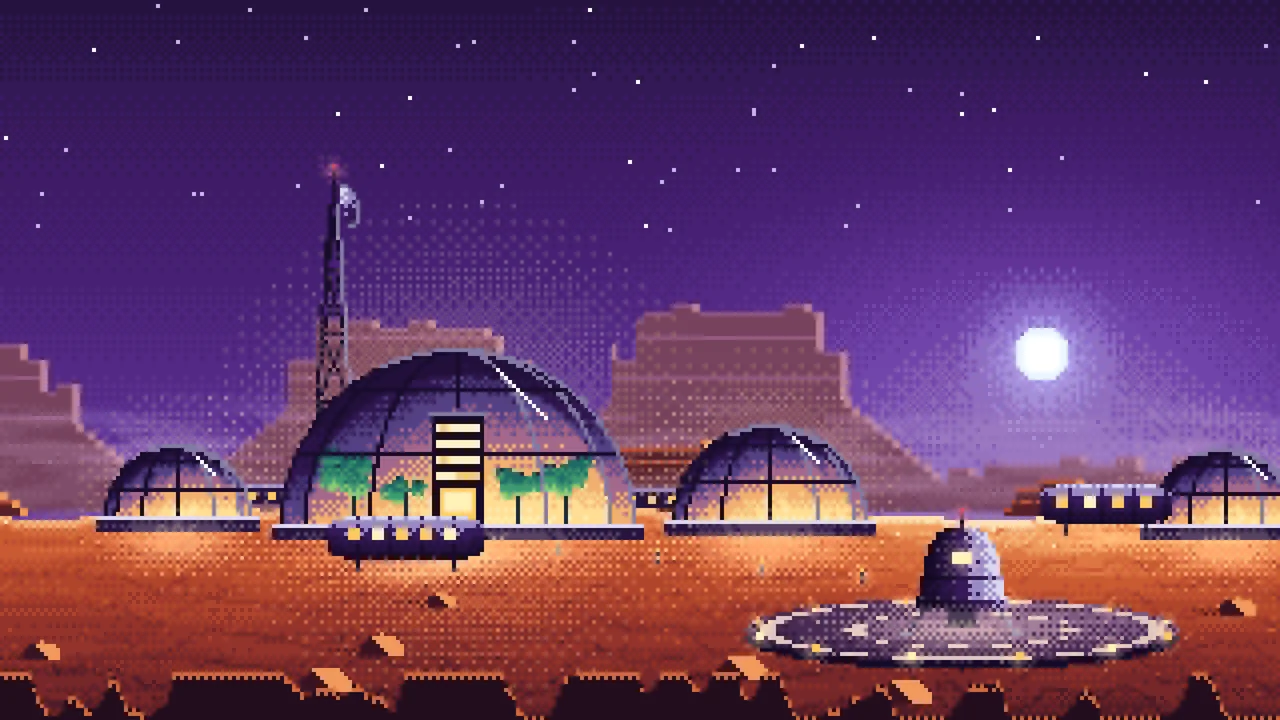 Dark Purple Pixel Art Mars Colony at Sunset desktop wallpaper in 4K