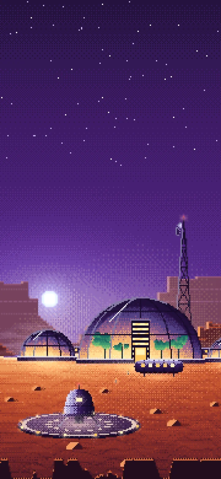 Dark Purple Pixel Art Mars Colony at Sunset wallpaper for iPhone and Android