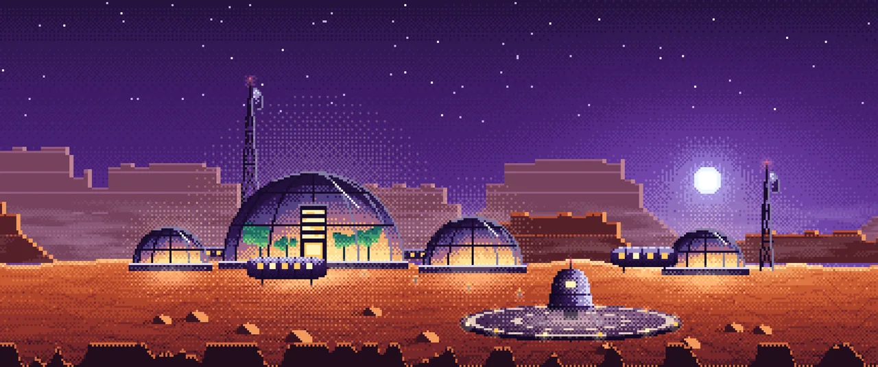 Dark Purple Pixel Art Mars Colony at Sunset ultrawide wallpaper, 3440 × 1440