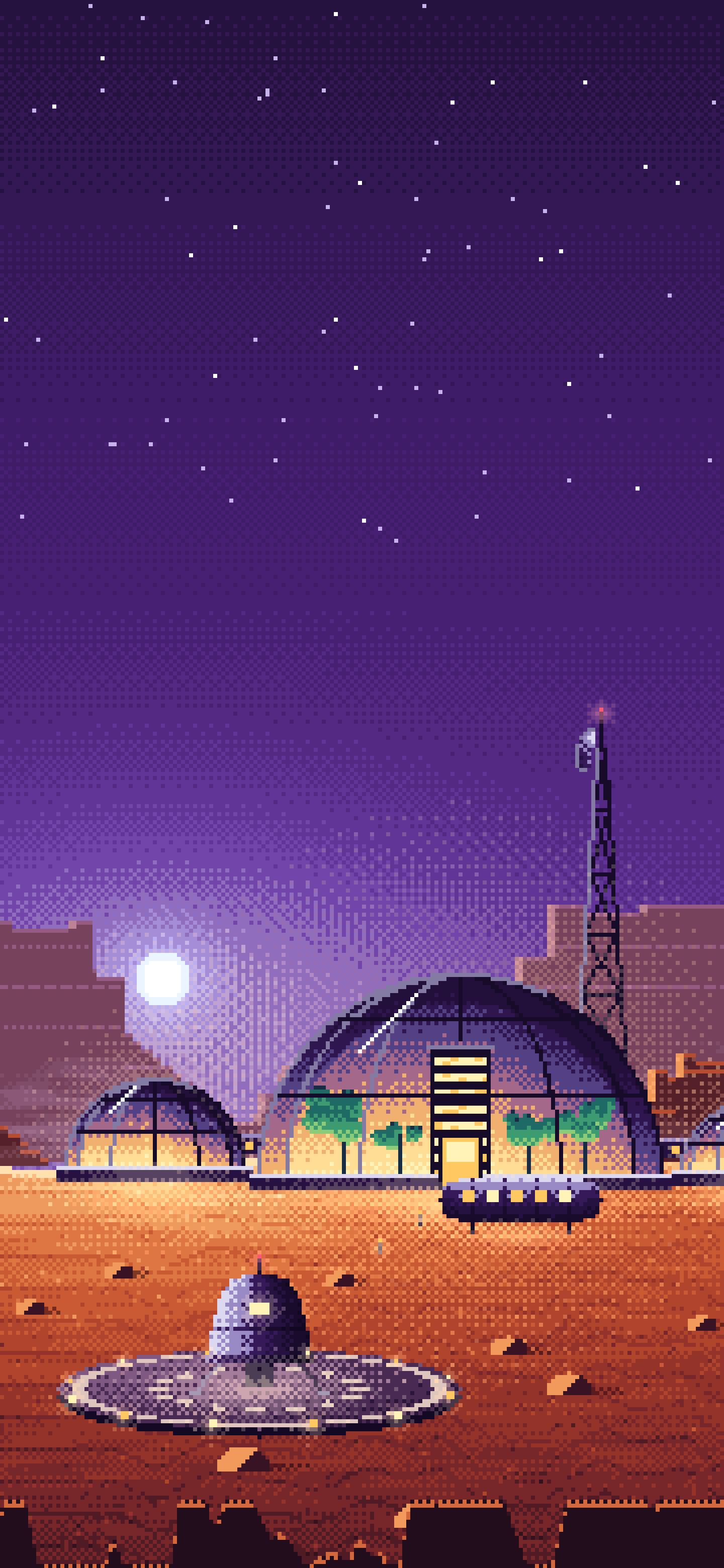 Dark Purple Pixel Art Mars Colony at Sunset wallpaper for iPhone and Android