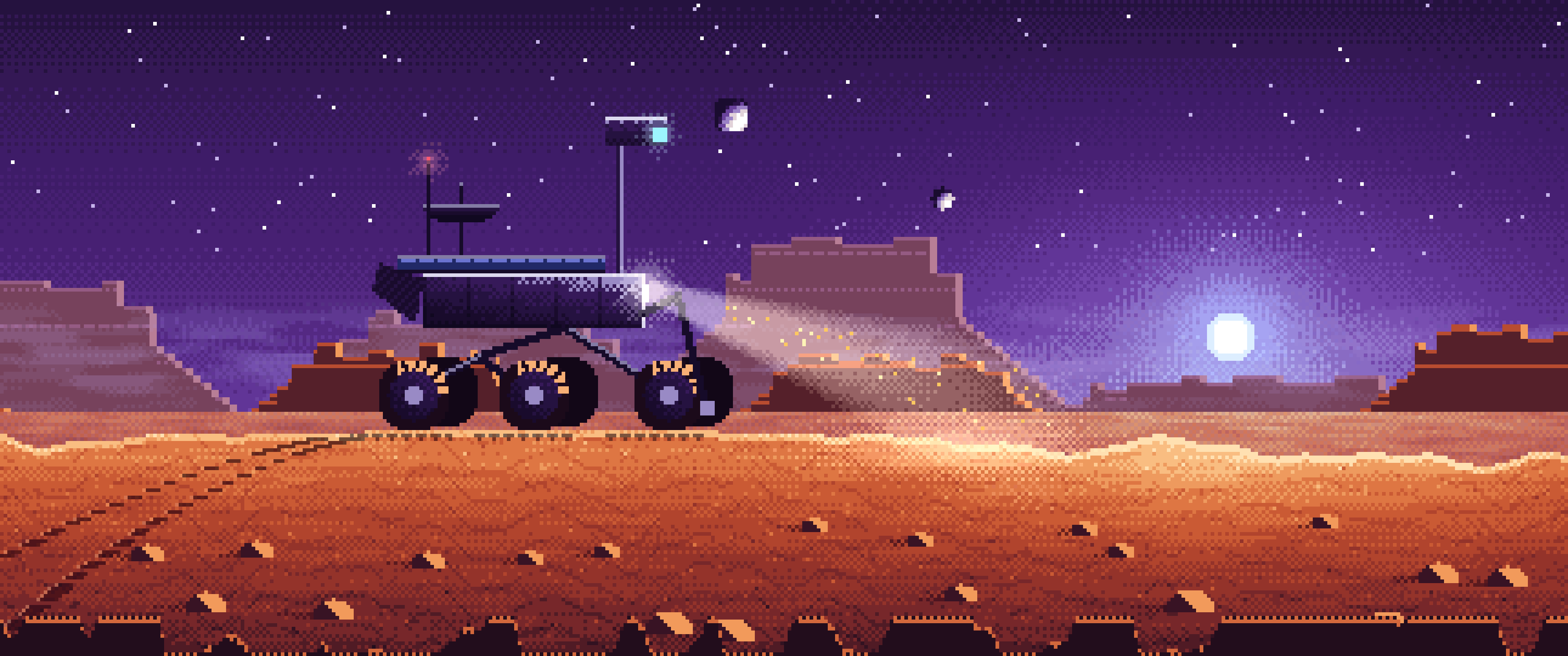 Dark Purple Pixel Art Mars Rover at Dusk ultrawide wallpaper, 3440 × 1440