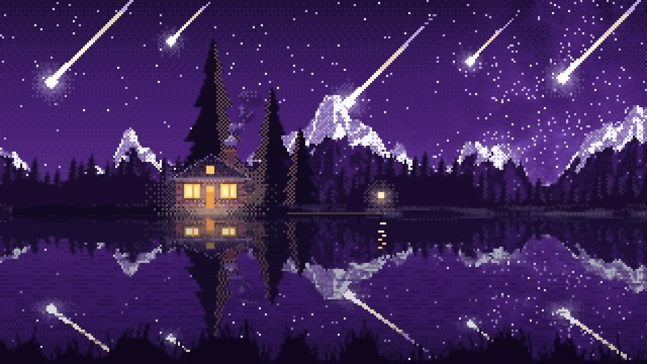 Dark Purple Pixel Art Meteor Shower over a Lake desktop wallpaper in 4K