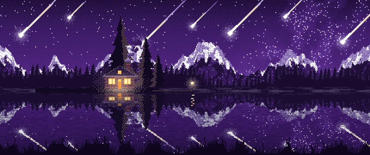 Dark Purple Pixel Art Meteor Shower over a Lake ultrawide wallpaper, 3440 × 1440