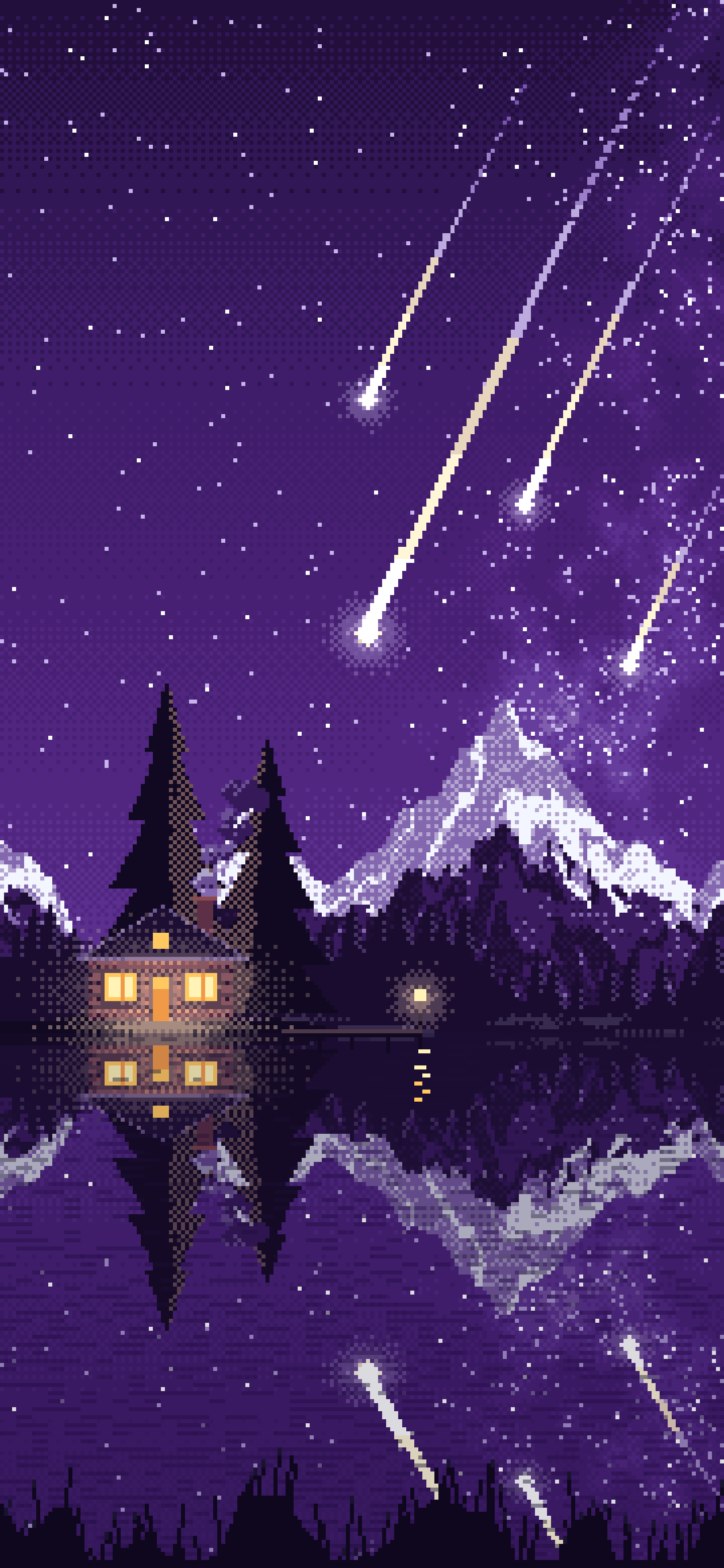Dark Purple Pixel Art Meteor Shower over a Lake wallpaper for iPhone and Android