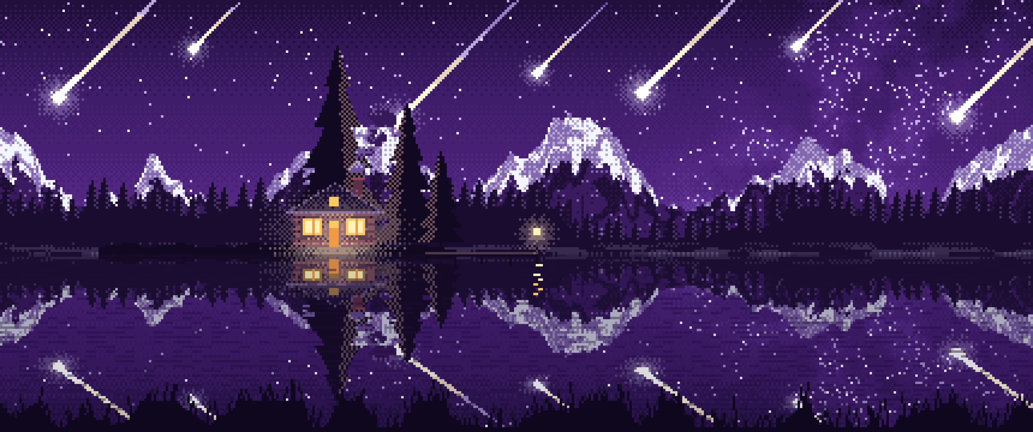 Dark Purple Pixel Art Meteor Shower over a Lake ultrawide wallpaper, 3440 × 1440