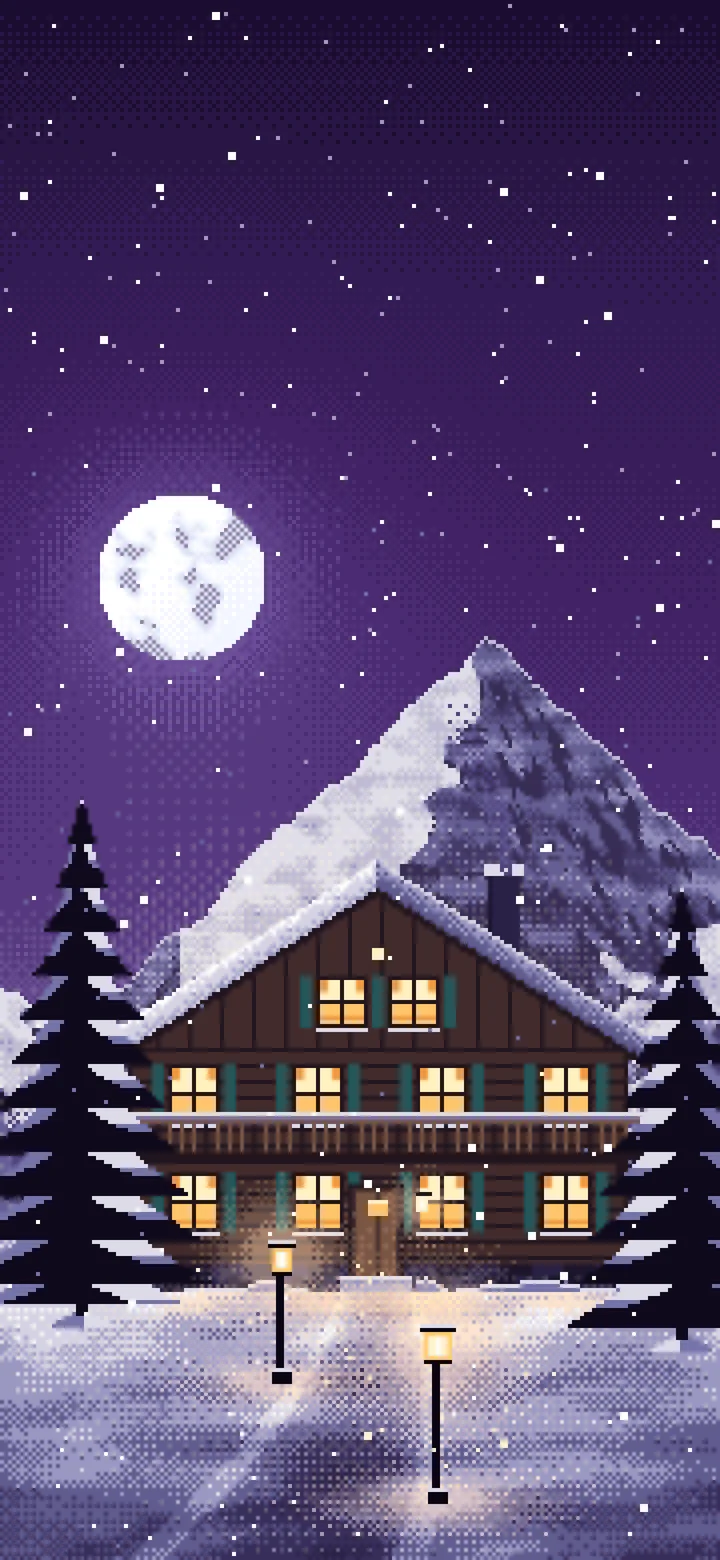 Dark Purple Pixel Art Mountain Lodge at Night wallpaper for iPhone and Android