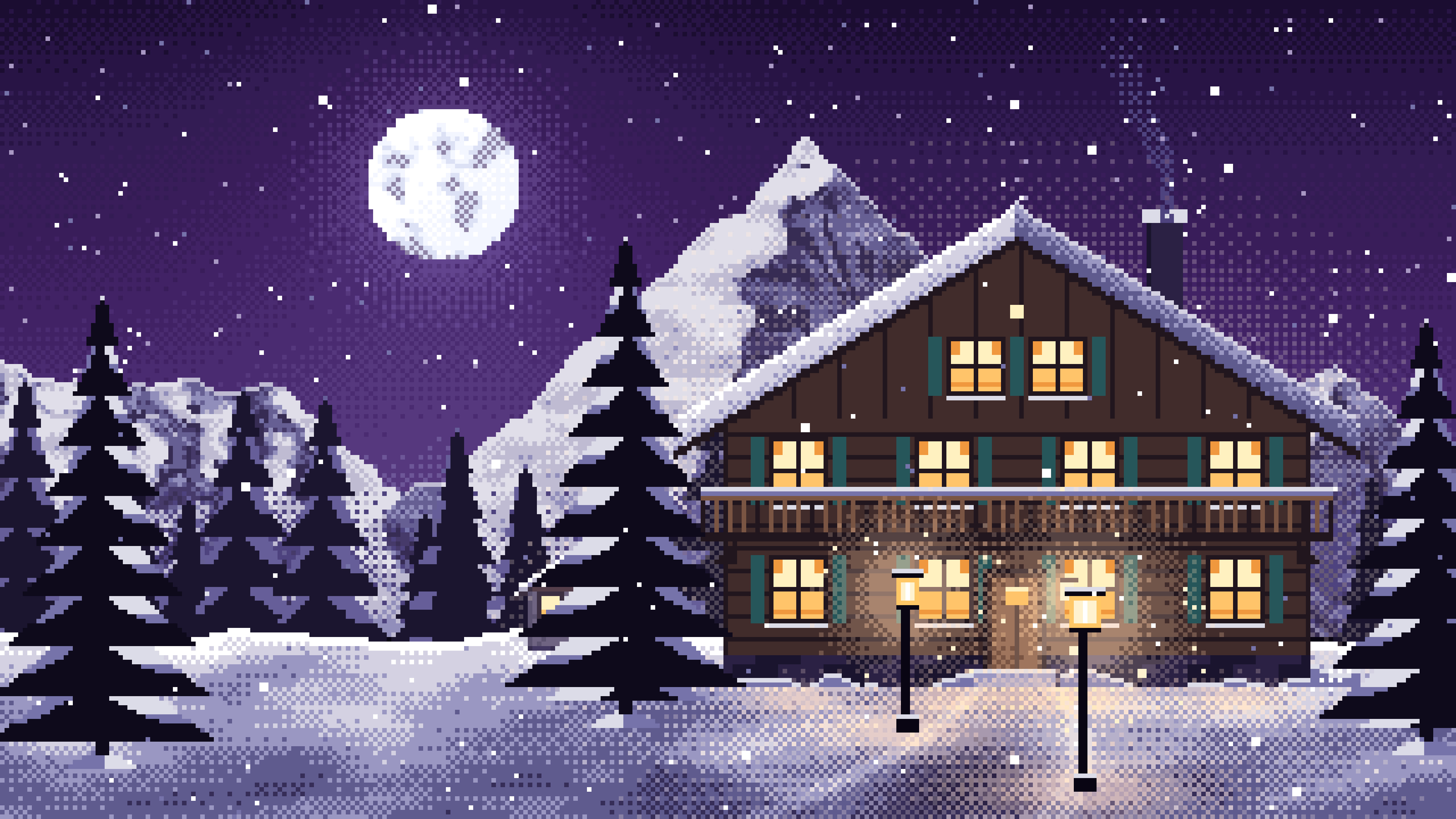 Dark Purple Pixel Art Mountain Lodge at Night desktop wallpaper in 4K