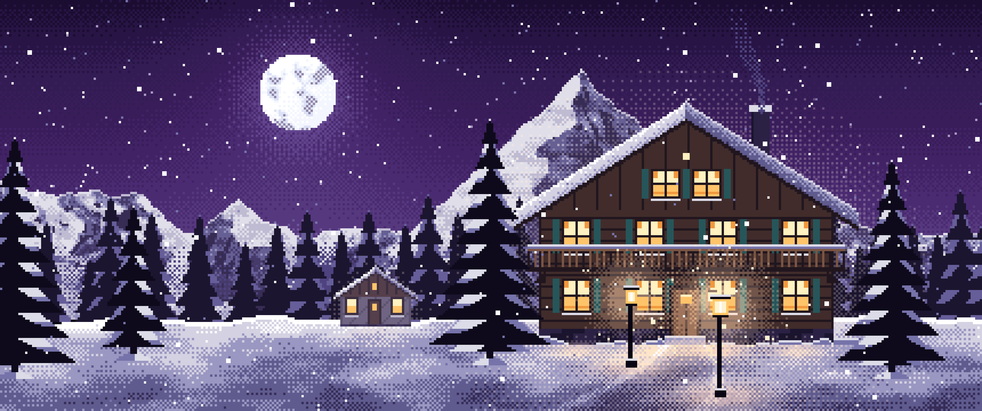 Dark Purple Pixel Art Mountain Lodge at Night ultrawide wallpaper, 3440 × 1440