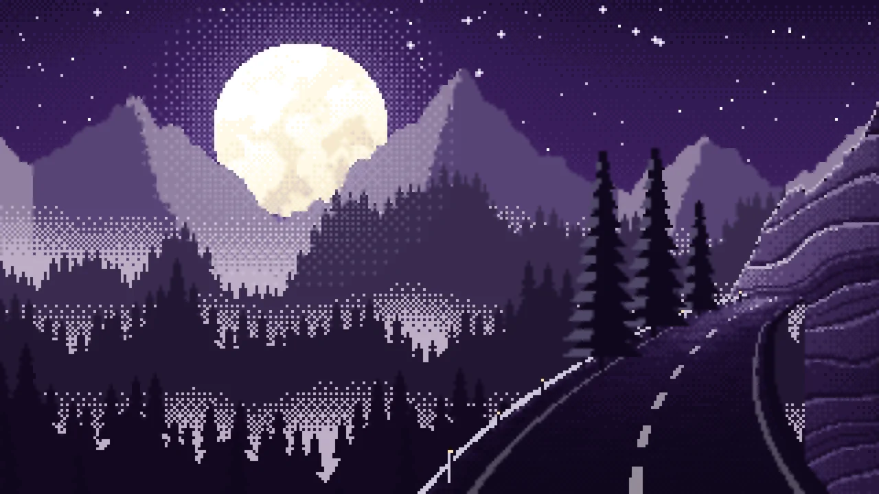 Dark Purple Pixel Art Mountain Road Under the Moon desktop wallpaper in 4K
