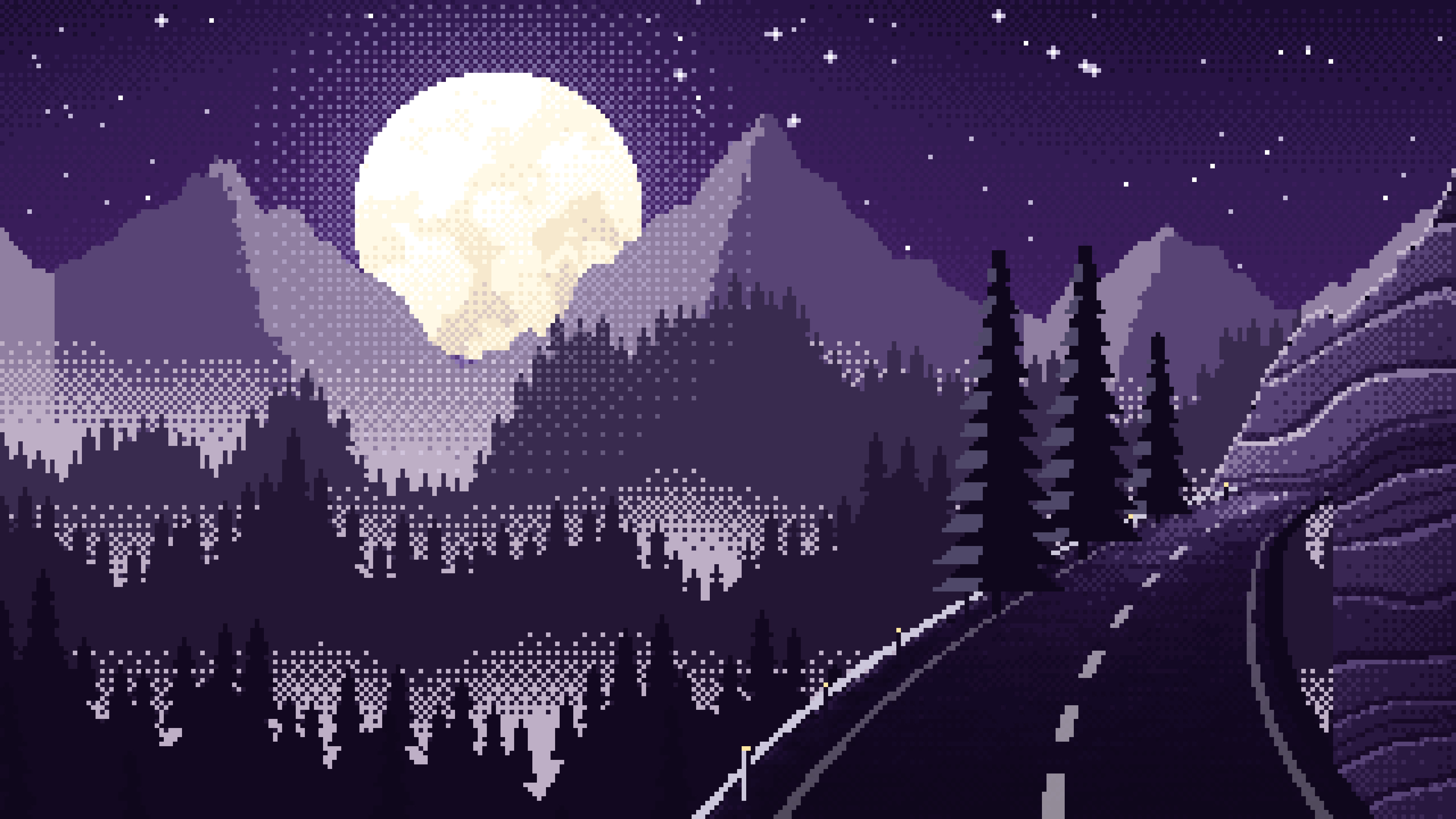 Dark Purple Pixel Art Mountain Road Under the Moon desktop wallpaper in 4K