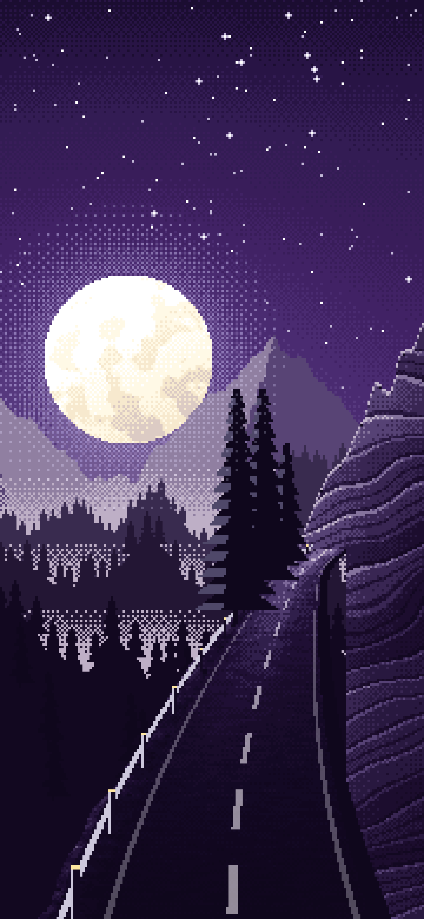 Dark Purple Pixel Art Mountain Road Under the Moon wallpaper for iPhone and Android