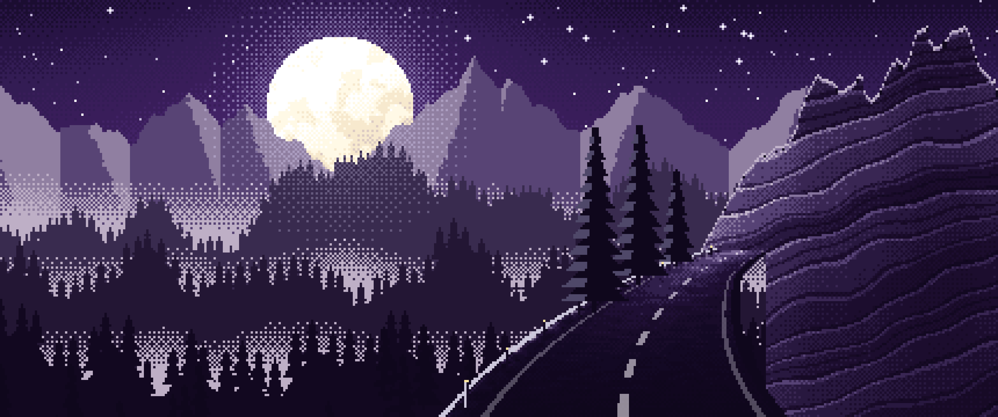 Dark Purple Pixel Art Mountain Road Under the Moon ultrawide wallpaper, 3440 × 1440