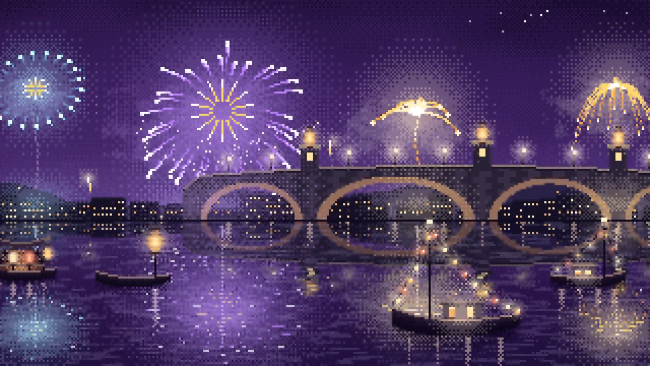 Dark Purple Pixel Art New Year Fireworks Over a Harbor desktop wallpaper in 4K