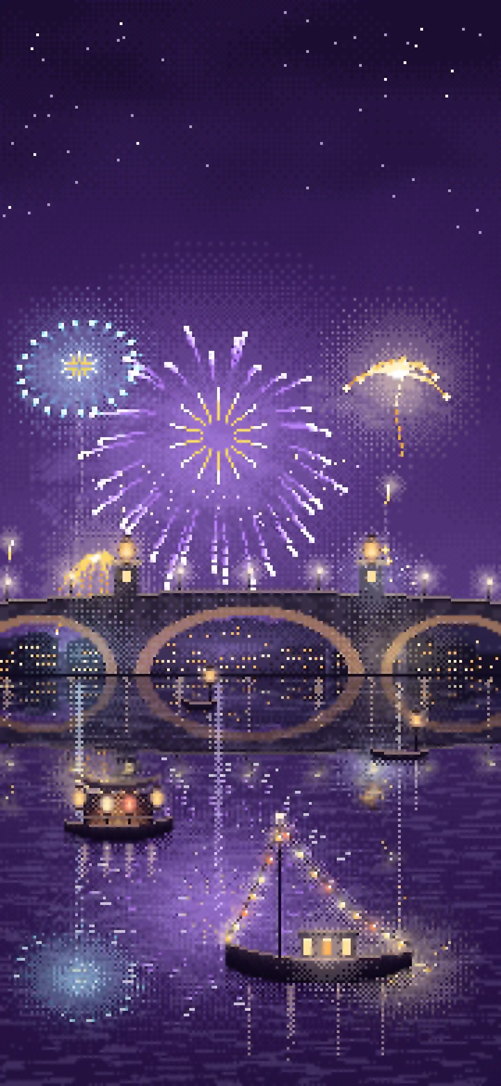 Dark Purple Pixel Art New Year Fireworks Over a Harbor wallpaper for iPhone and Android