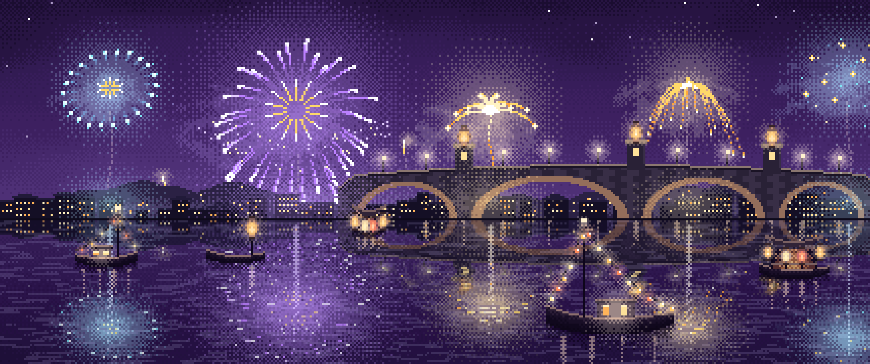 Dark Purple Pixel Art New Year Fireworks Over a Harbor ultrawide wallpaper, 3440 × 1440