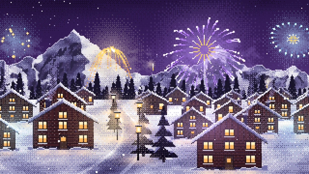 Dark Purple Pixel Art New Year Fireworks Over a Snowy Village desktop wallpaper in 4K