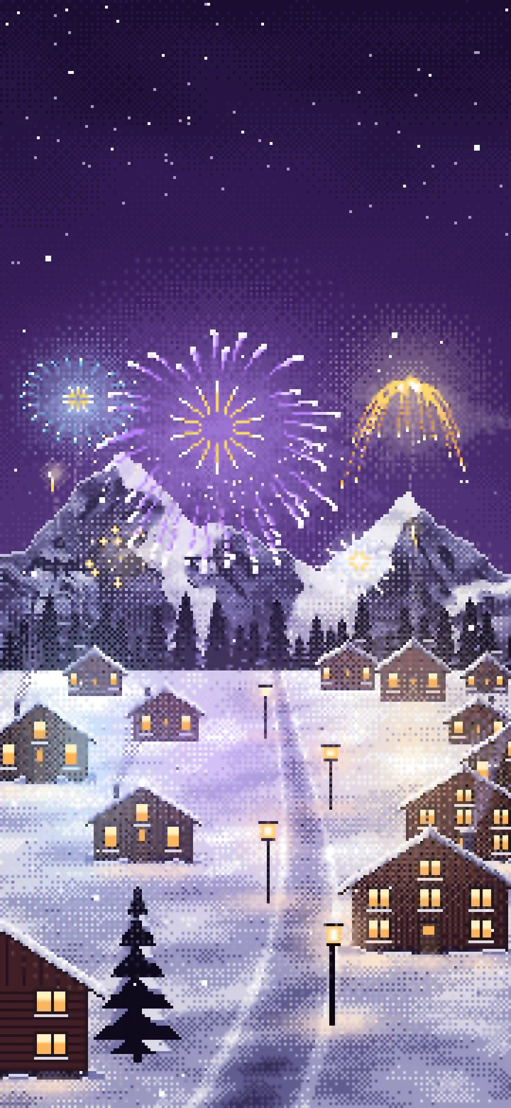 Dark Purple Pixel Art New Year Fireworks Over a Snowy Village wallpaper for iPhone and Android