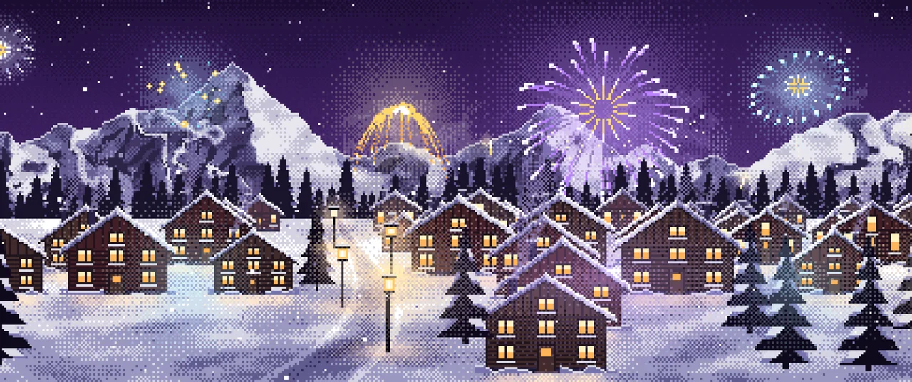 Dark Purple Pixel Art New Year Fireworks Over a Snowy Village ultrawide wallpaper, 3440 × 1440