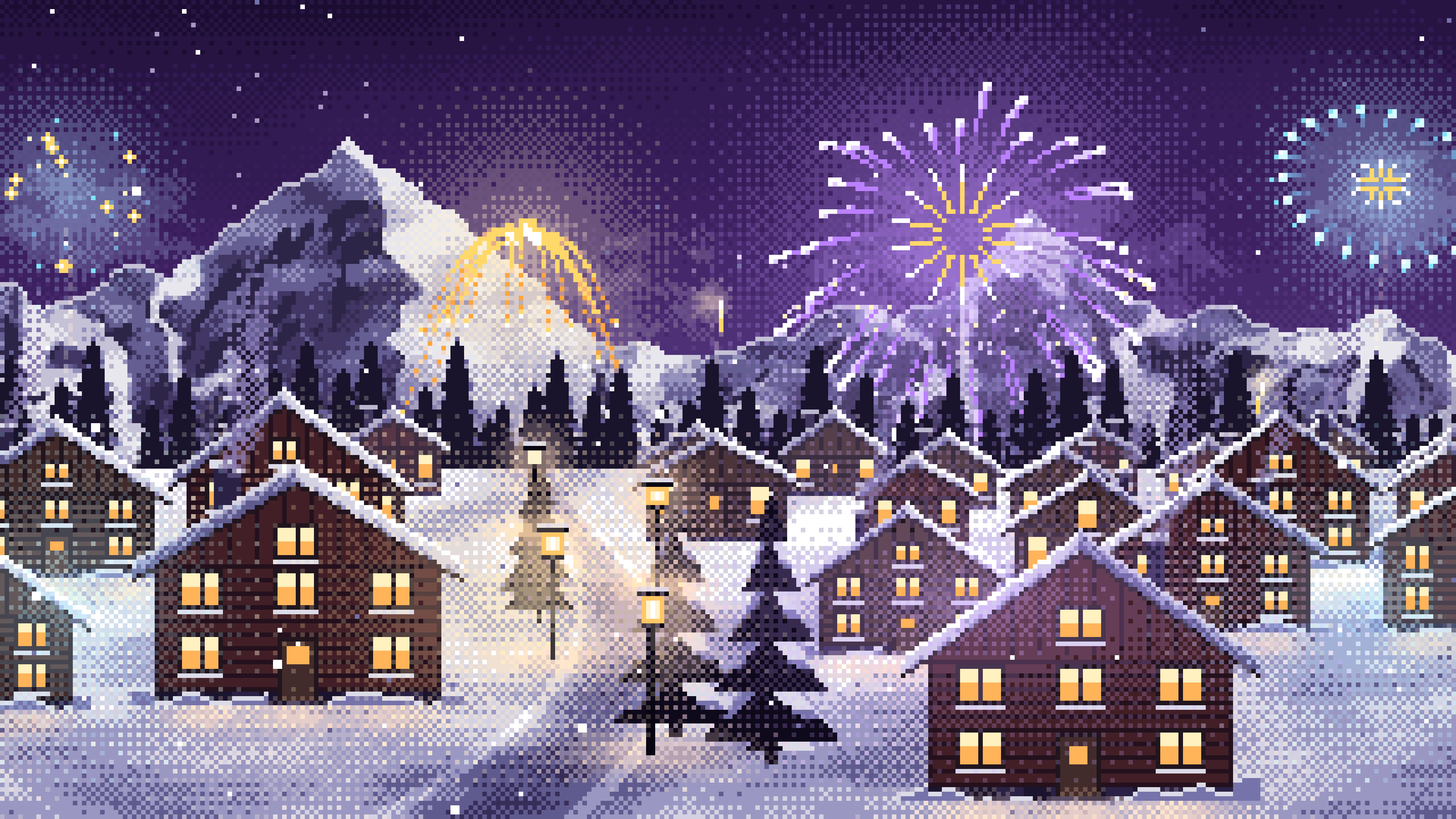 Dark Purple Pixel Art New Year Fireworks Over a Snowy Village desktop wallpaper in 4K