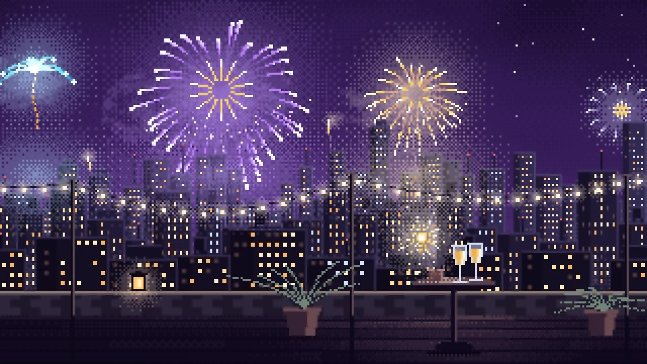Dark Purple Pixel Art New Year Rooftop Fireworks desktop wallpaper in 4K