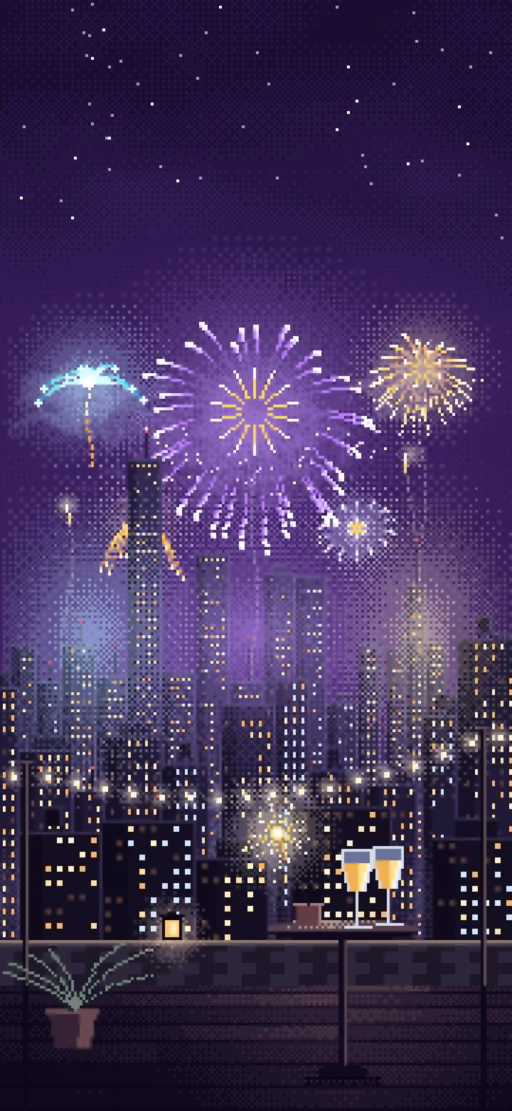 Dark Purple Pixel Art New Year Rooftop Fireworks wallpaper for iPhone and Android