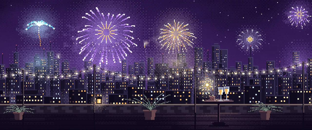 Dark Purple Pixel Art New Year Rooftop Fireworks ultrawide wallpaper, 3440 × 1440