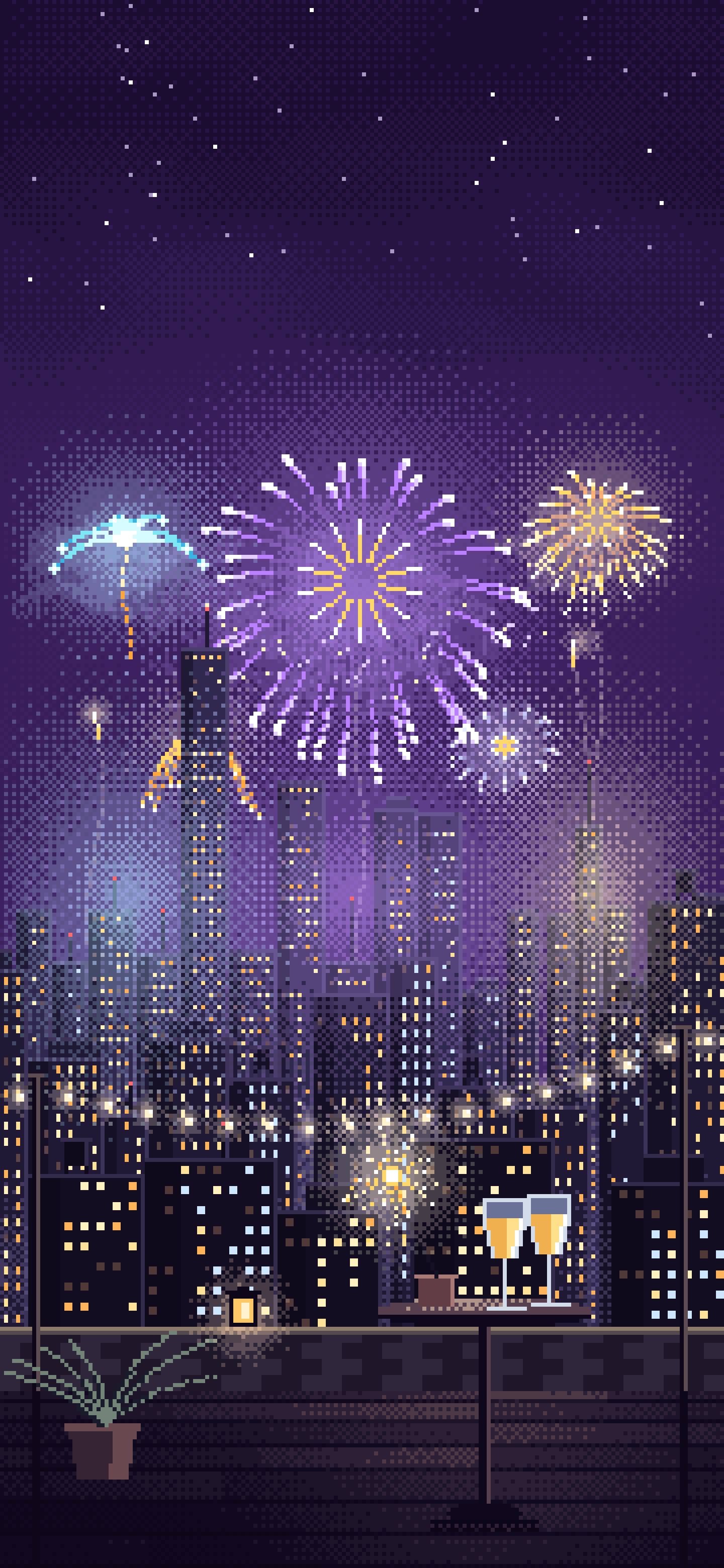 Dark Purple Pixel Art New Year Rooftop Fireworks wallpaper for iPhone and Android