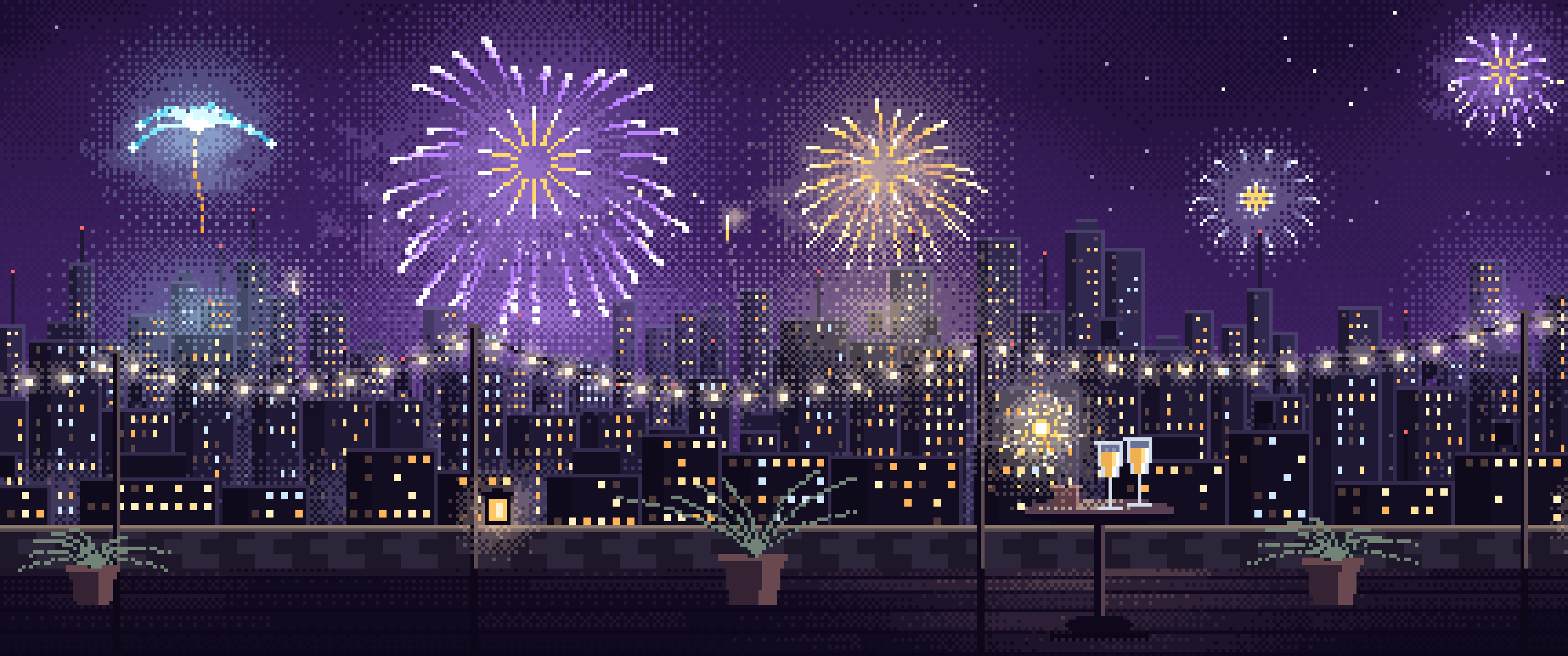 Dark Purple Pixel Art New Year Rooftop Fireworks ultrawide wallpaper, 3440 × 1440