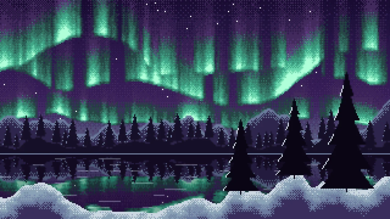 Dark Purple Pixel Art Northern Lights desktop wallpaper in 4K