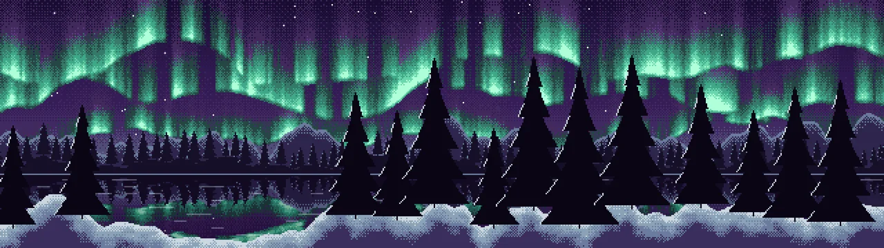 Dark Purple Pixel Art Northern Lights dual monitor wallpaper, 7680 × 2160