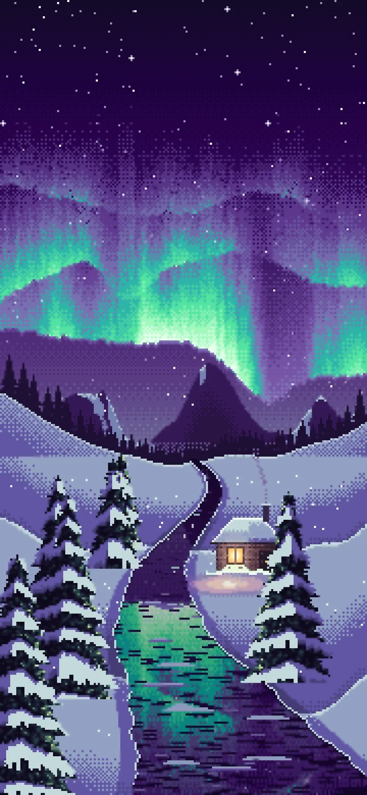 Dark Purple Pixel Art Northern Lights Over a Snowy Valley wallpaper for iPhone and Android