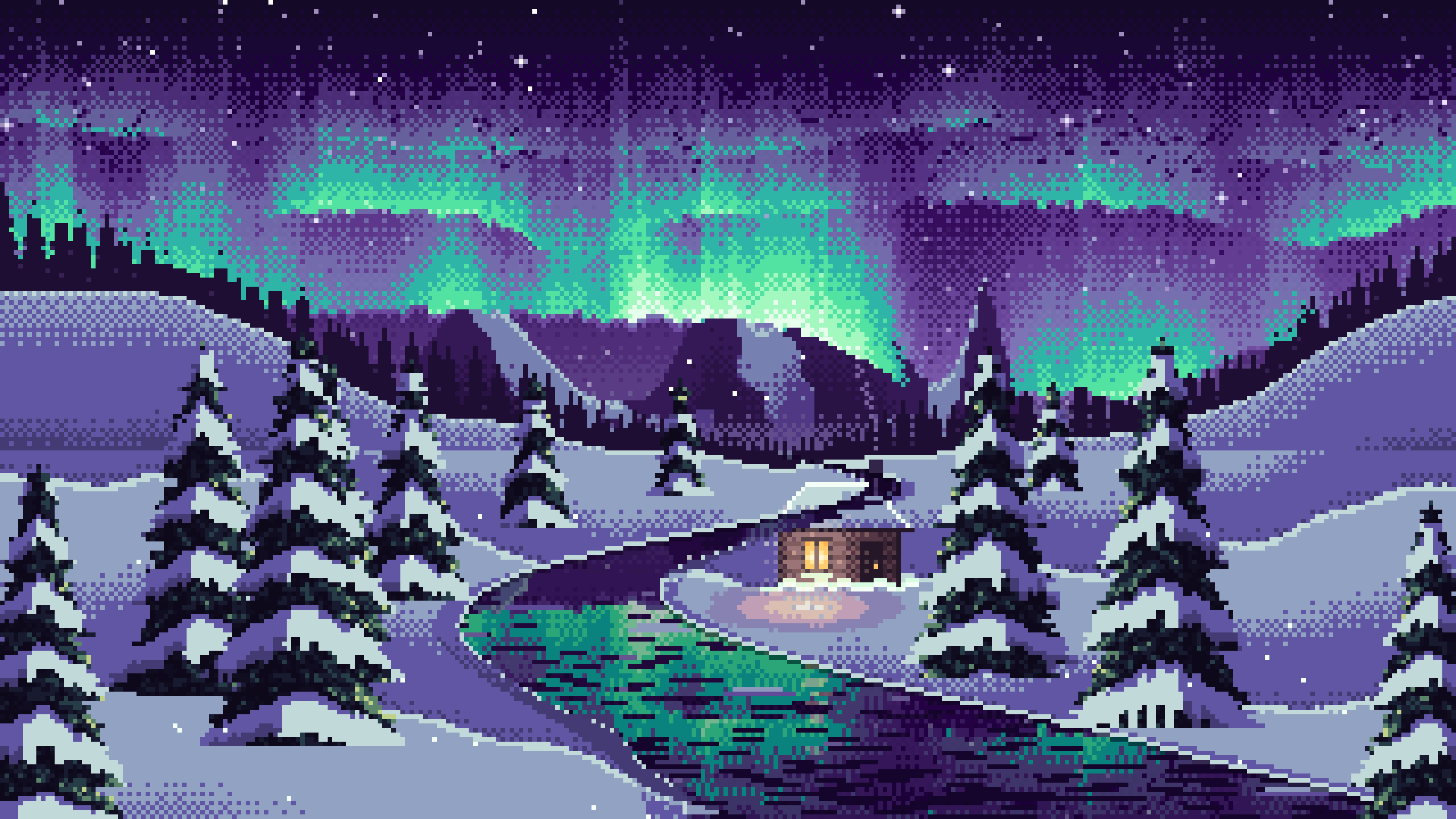 Dark Purple Pixel Art Northern Lights Over a Snowy Valley desktop wallpaper in 4K