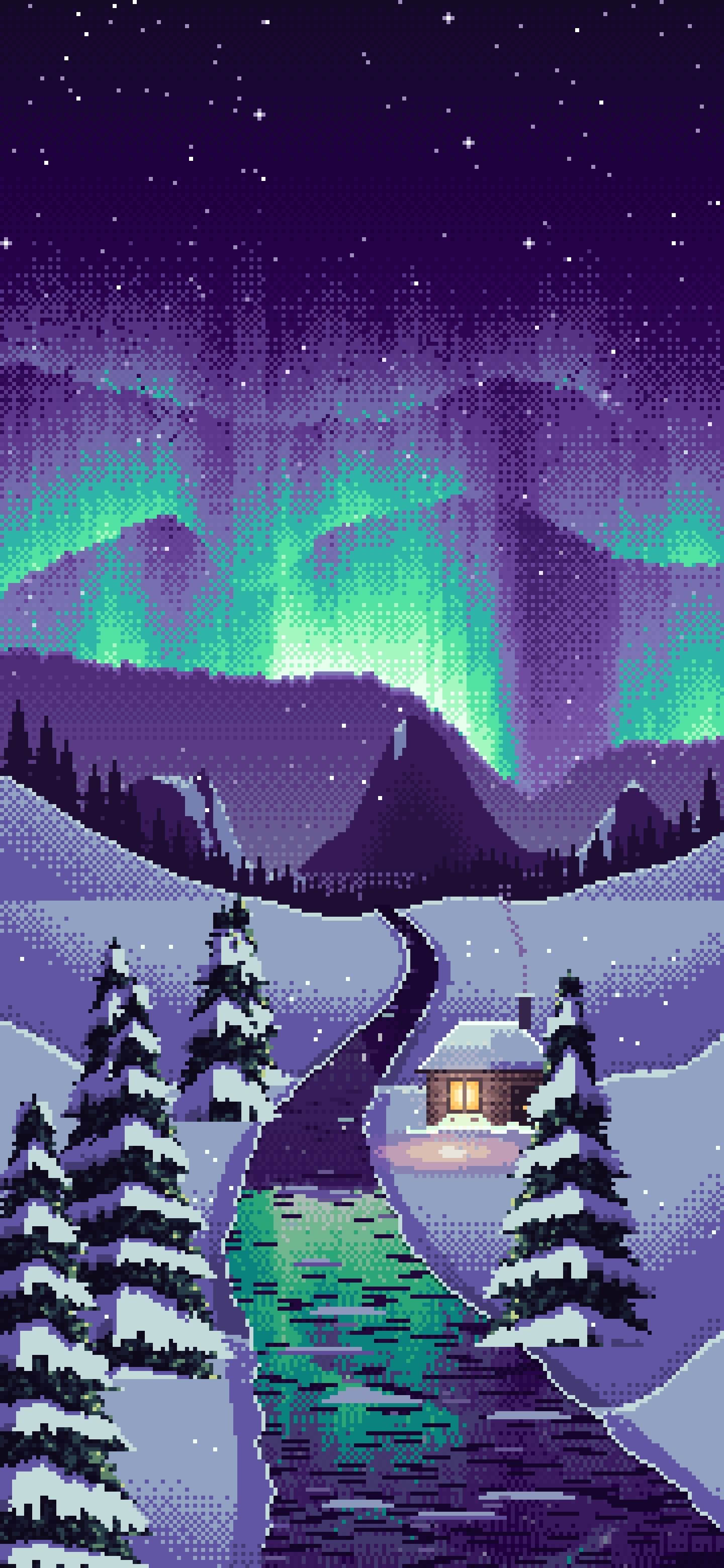Dark Purple Pixel Art Northern Lights Over a Snowy Valley wallpaper for iPhone and Android