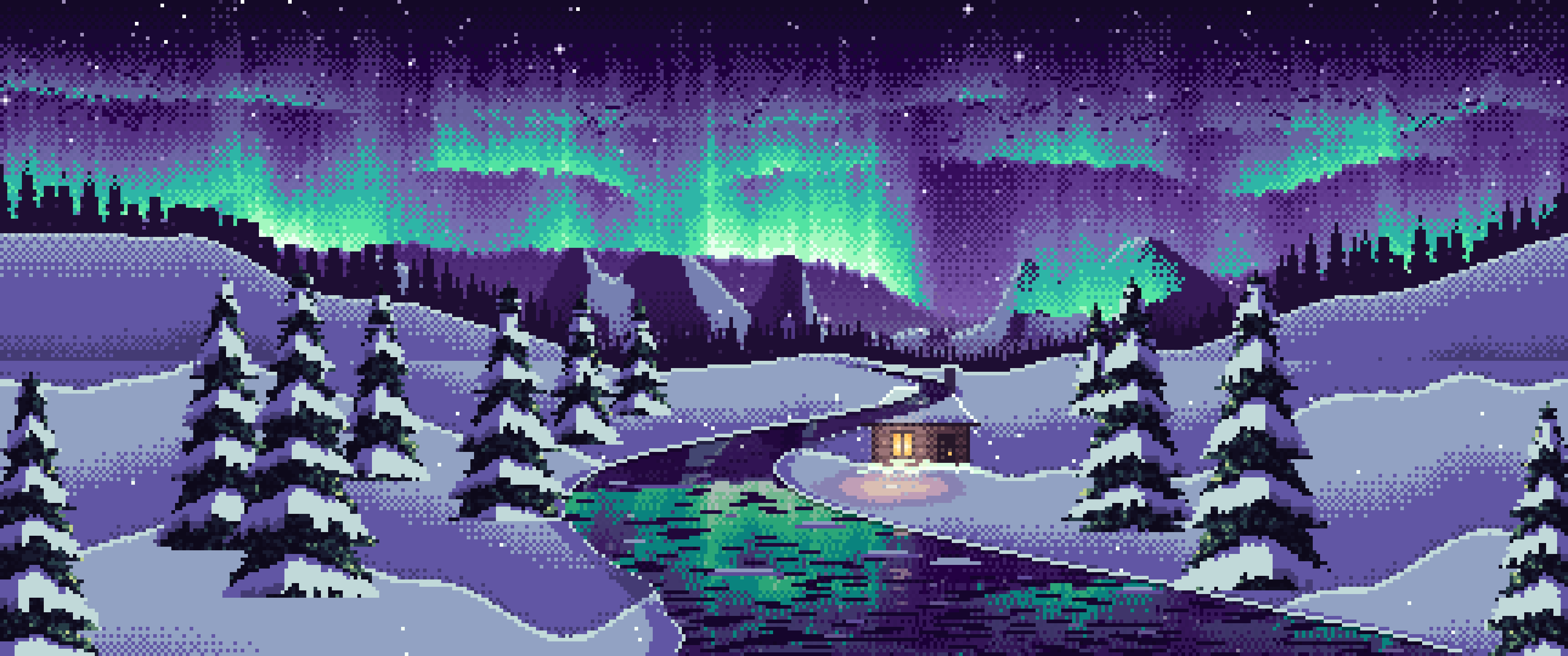 Dark Purple Pixel Art Northern Lights Over a Snowy Valley ultrawide wallpaper, 3440 × 1440