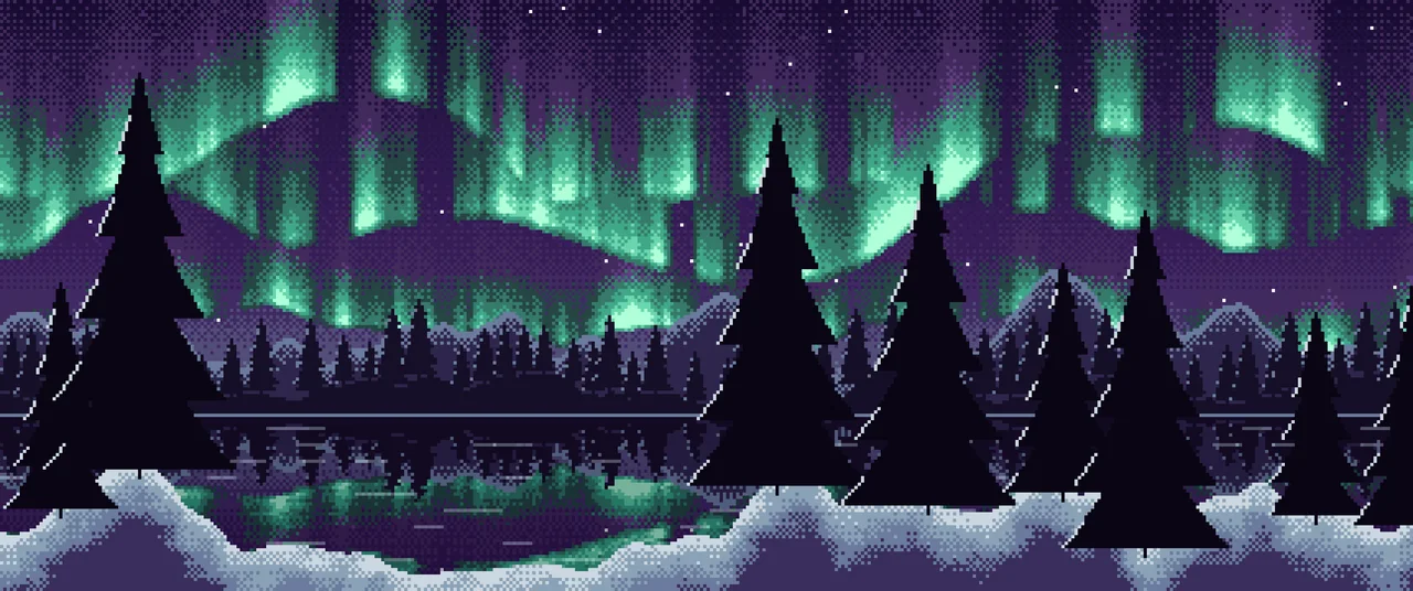 Dark Purple Pixel Art Northern Lights ultrawide wallpaper, 3440 × 1440