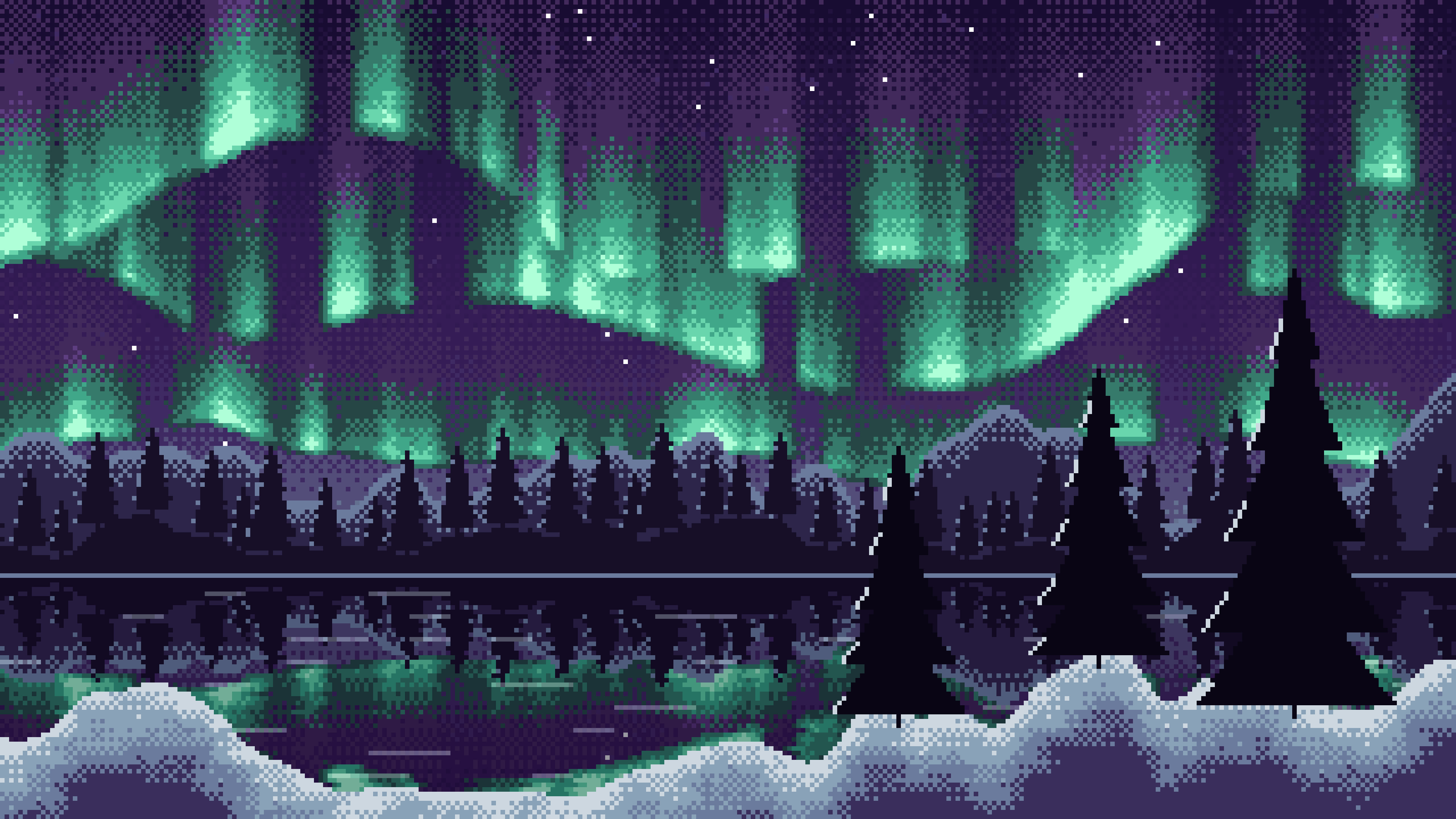 Dark Purple Pixel Art Northern Lights desktop wallpaper in 4K