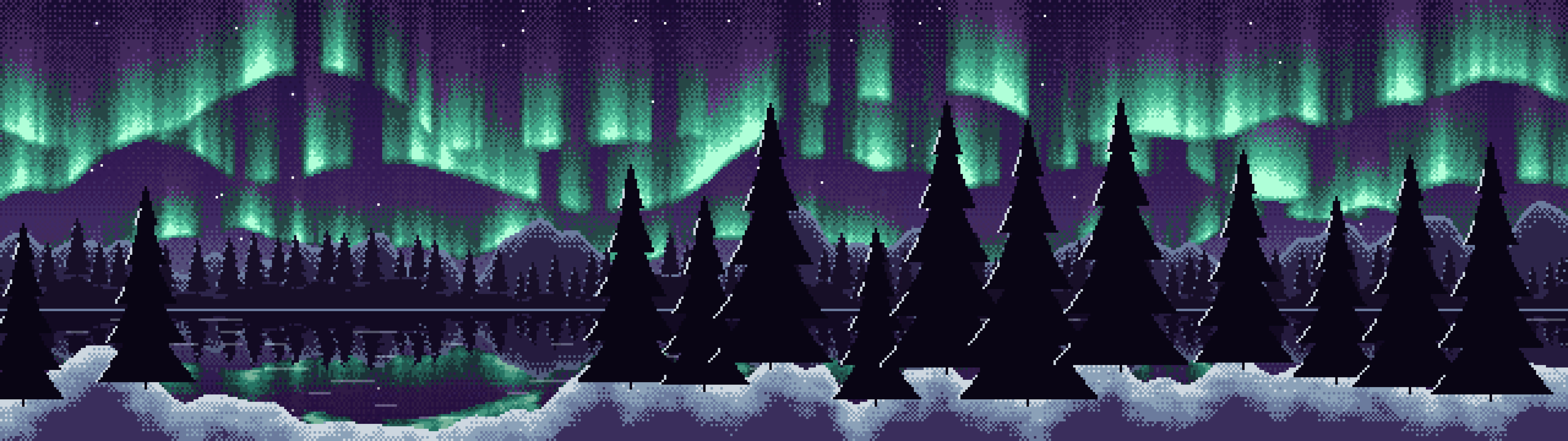 Dark Purple Pixel Art Northern Lights dual monitor wallpaper, 7680 × 2160