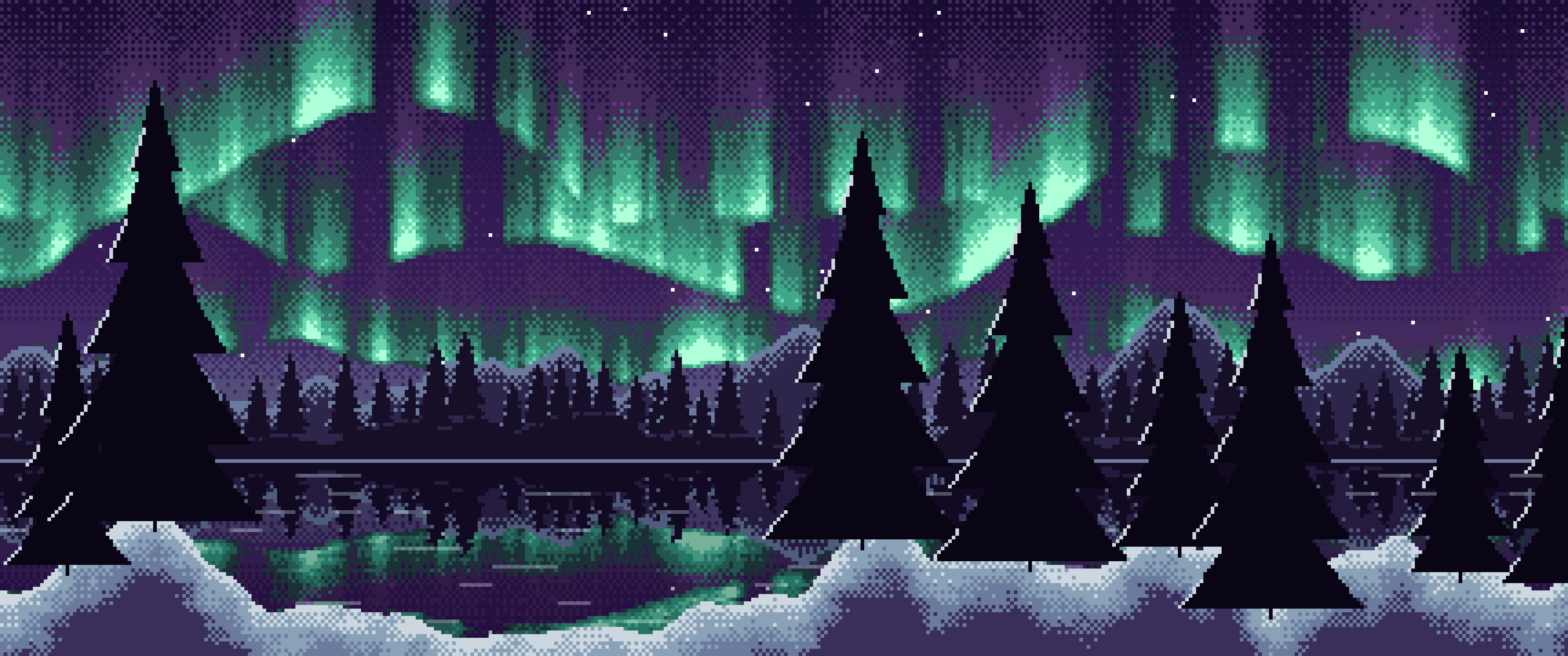 Dark Purple Pixel Art Northern Lights ultrawide wallpaper, 3440 × 1440