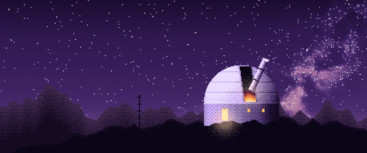 Dark Purple Pixel Art Observatory ultrawide wallpaper, 3440 × 1440