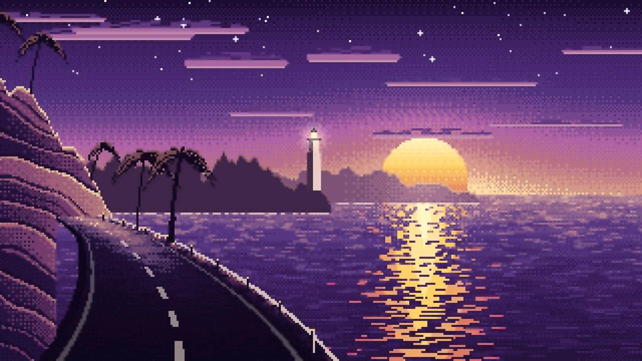 Dark Purple Pixel Art Ocean Road at Sunset desktop wallpaper in 4K