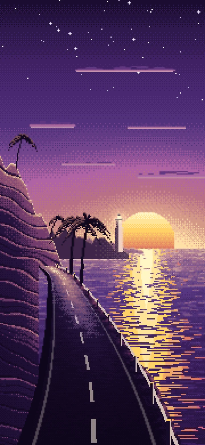 Dark Purple Pixel Art Ocean Road at Sunset wallpaper for iPhone and Android